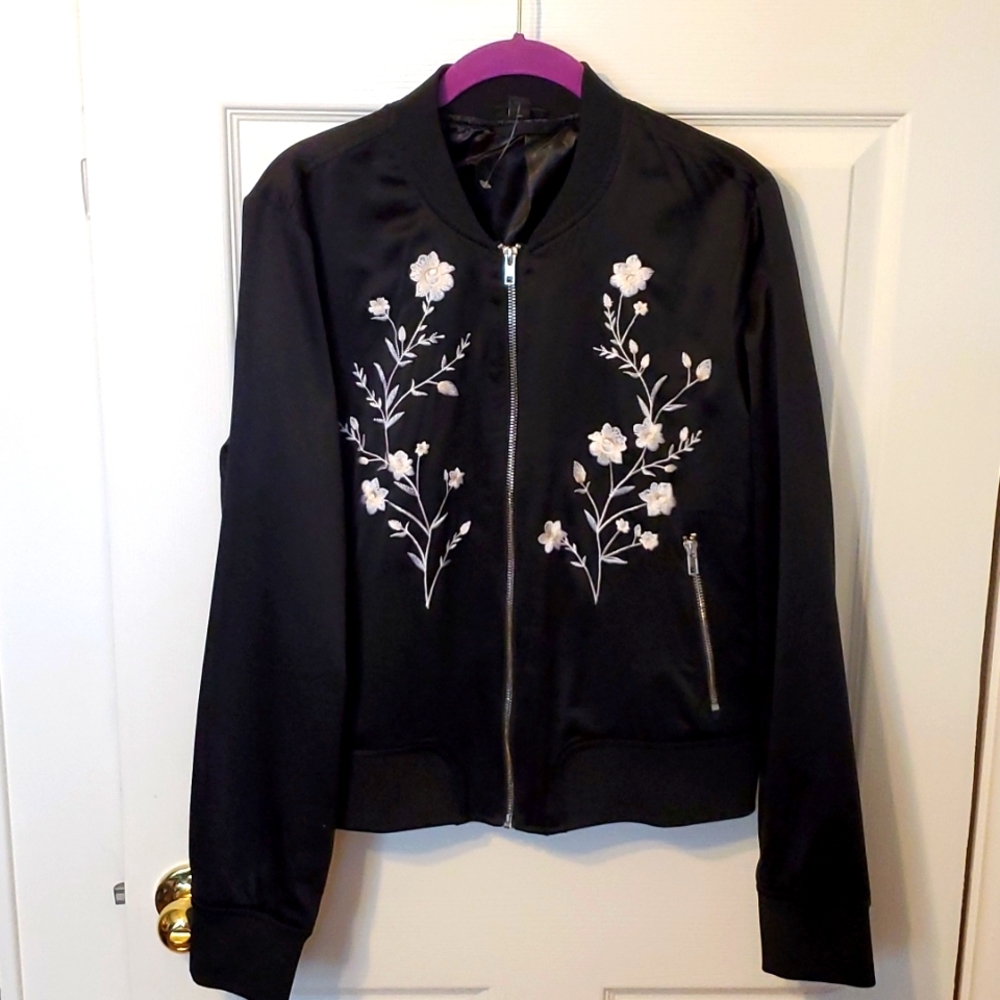 Satin Floral Print Bomber Black size large